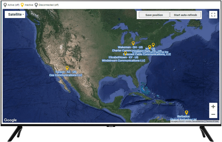 ISP / IP monitoring map on a TV screen.