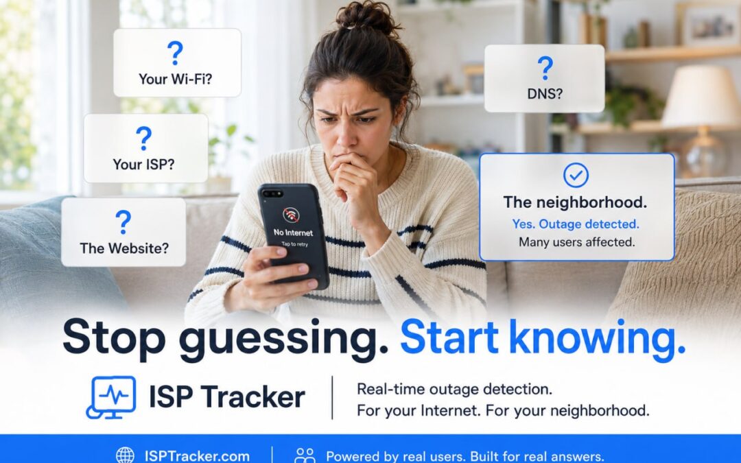 ISP Tracker Live illustration helping a home user identify whether an Internet problem involves Wi-Fi, ISP, website, or neighborhood