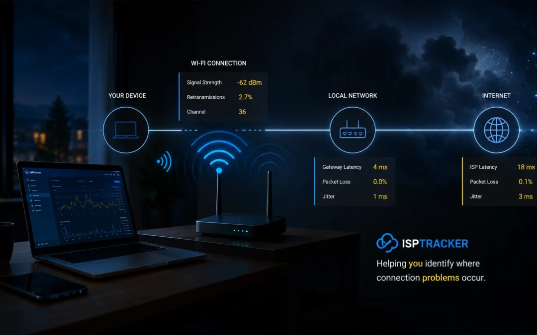 ISP Tracker Wi-Fi monitoring diagram showing device, local network, and Internet connection diagnostics
