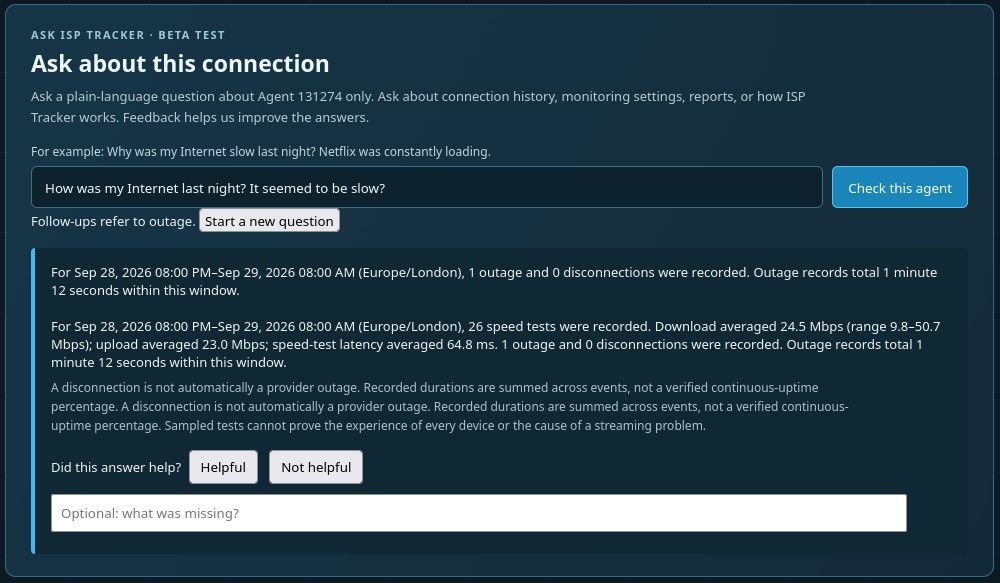 ISP Tracker Answers showing a plain-language response to an internet performance question